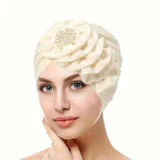 Photo of Beige Elegant Embossed Flower Turban Hat Head Wrap Chemo Cap