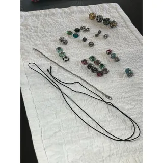 Photo of 31 slide charms unknown maker - some have makers mark + bracelet + Pandora cord