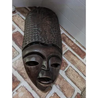 Photo of Vintage Decorative Hand Carved Dark Wood Tribal Style Wall Mask African Decor