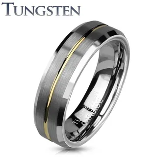 Photo of Brushed Finish Gold Groove Beveled Edges Tungsten Carbide Ring.‎ 6mm size 6