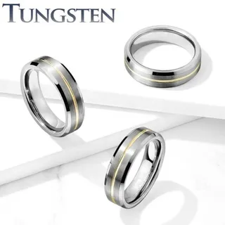 Photo of Brushed Finish Gold Groove Beveled Edges Tungsten Carbide Ring.‎ 6mm size 6