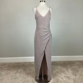 Photo of Betsy & Adam Purple Taupe Column Evening Gown Metallic Sleeveless Dres Size 6