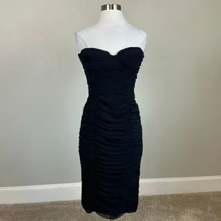 Photo of BCBGMAXAZRIA Blue Cocktail Dress Strapless Ruched Bodycon Midi Sheath Size 8