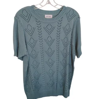 Photo of Vicki Wayne Sage Blue Pointelle Short Sleeve Sweater Women’s XL Estate Acrylic