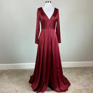 Photo of Mac Duggal 26613 Red Evening Gown Satin Long Sleeve A-Line Formal Dress Size 4