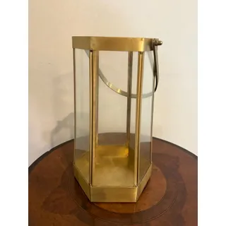Photo of Modern Hexagon Brass & Glass Candle Lantern Tabletop Hurricane Handle 10-12"