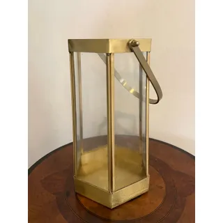 Photo of Modern Hexagon Brass & Glass Candle Lantern Tabletop Hurricane Handle 10-12"