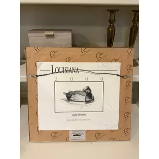 Photo of Framed 2000 Louisiana Duck Stamp Print "Lesser Scaup" by Jude Brunet - Signed #117/300 w/ Stamps