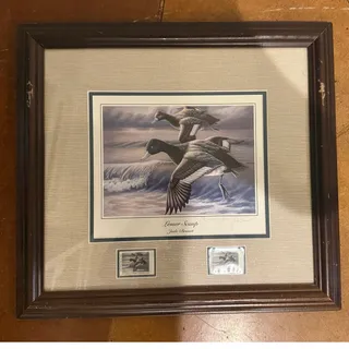 Photo of Framed 2000 Louisiana Duck Stamp Print "Lesser Scaup" by Jude Brunet - Signed #117/300 w/ Stamps