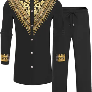 Photo of ZSJR Men's African Dashiki Traditional Suit - Black - Size Large