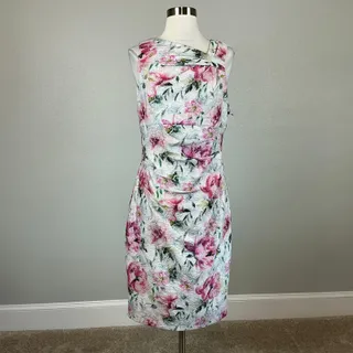 Photo of Adrianna Papell White Multi Cocktail Dress Metallic Floral Midi Sheath Size 8