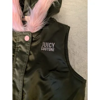 Photo of Juicy Couture Girls 8 - 10 Puffer Vest Jacket Olive Green Faux Fur Hood Pockets