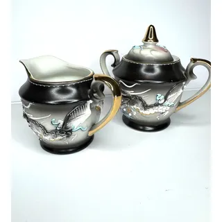 Photo of Japanese HandPainted Dragonware Dragon 3D Moriage Cream and Sugar w/Lid Set