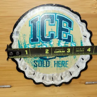 Photo of Ice Sold Here ~ 4” bottle cap-shaped sign magnet Man Cave Beer Fridge