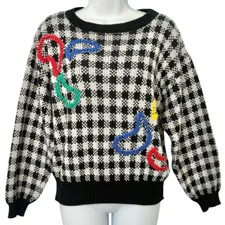 Photo of Vintage Black White Check Wide Stitch Rainbow Detail Crew Neck Sweater size S