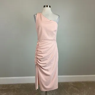 Photo of Betsy & Adam Blush Pink Cocktail Dress One Shoulder Cut Out Midi Sheath Size 8