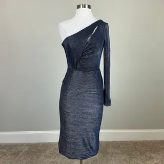 Photo of Betsy & Adam Blue Cocktail Party Dress Metallic One Shoulder Midi Sheath Size 6