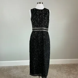 Photo of Mac Duggal A10509 Black Cocktail Dress Sequined Sleeveless Midi Sheath Size 6
