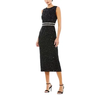 Photo of Mac Duggal A10509 Black Cocktail Dress Sequined Sleeveless Midi Sheath Size 6