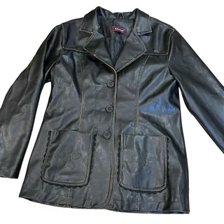 Photo of Y2K 90s Faux Leather Brown Pleather Jacket Boho Hippie Flower Lace Distressed
