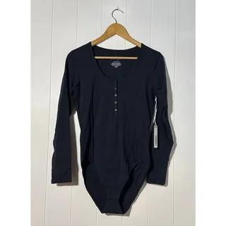 Photo of Everlane The Henley Bodysuit Women L Black Supima Cotton Long Sleeve Button