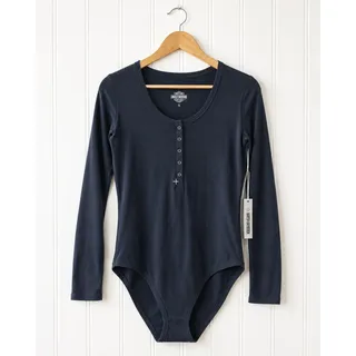Photo of Everlane The Henley Bodysuit Women L Black Supima Cotton Long Sleeve Button