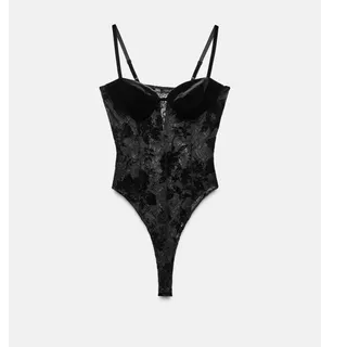 Photo of ZARA 2024 Collection 9932/579 CONTRASTING VELVET LACE BLACK BODYSUIT M 6 8 NWT