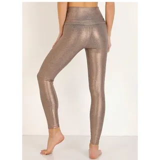 Photo of Beyond Yoga Dusted High-Waisted Midi Leggings in a metallic foil finish.Sz S