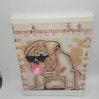 Photo of Bulldog black sunglasses blowing pink bubble gum bubble background sheet music