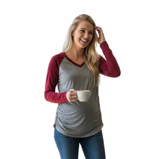 Photo of Oakgarden Women’s Long Sleeve Shirt Size Small Gray With Red Sleeves