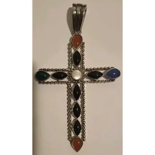 Photo of Vintage Large Multi Gem 925 Silver Cross Pendant Charm