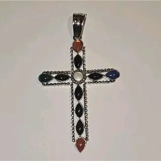 Photo of Vintage Large Multi Gem 925 Silver Cross Pendant Charm
