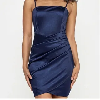 Photo of Emerald Sundae Navy Blue Satin Ruched Bodycon Mini Dress Size XS