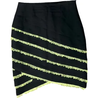 Photo of Vintage 90s Black Green Ribbon Ruffle Slant Stripe Wool Pencil Mini Skirt sz 6