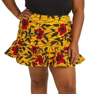 Photo of Grassfields GF Yellow Black Red Floral African Mini Ruffle Skirt Plus Size 24