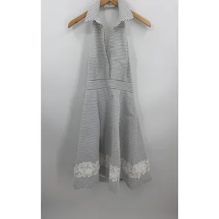 Photo of Eliza J Blue White Stripe Halter Shirtdress Floral Lace Smocked Back Midi Size 8