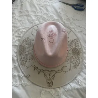 Photo of Gorgeous Blush Pink and Ivory Cowboy Hat W/Custom Burnt Designs. Must See Pics