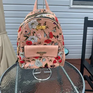 Photo of Big Buddha Floral Pink Backpack Large Travel Everyday Fashion Bag Faux Leather Gold Hardware