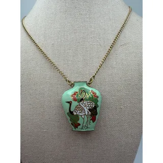 Photo of 1970s Cloisonne Crane Snuff Bottle Pendant Necklace Mint Green Enamel