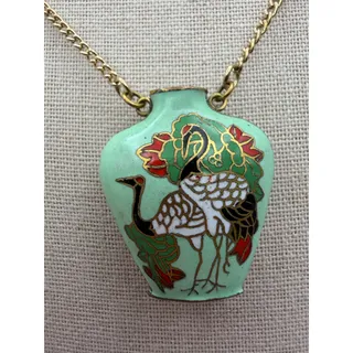 Photo of 1970s Cloisonne Crane Snuff Bottle Pendant Necklace Mint Green Enamel