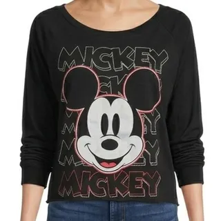 Photo of Disney Mickey Mouse Screen Print Black Cropped Scoop Neck Long Sleeve Tee size S