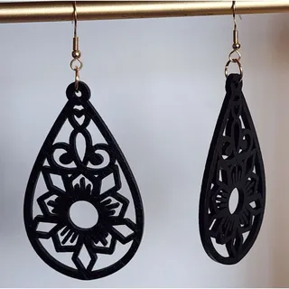 Photo of Black Teardrop Mandala Flower Shape Earrings Lightweight Wood