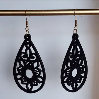 Photo of Black Teardrop Mandala Flower Shape Earrings Lightweight Wood