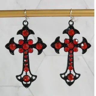 Photo of Vampire Goth Faux Ruby and Black Metal Cross Earrings Striking