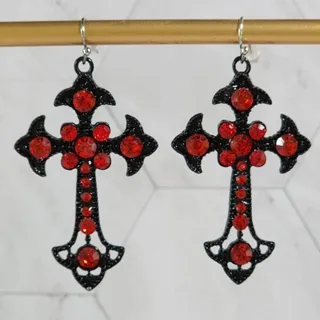 Photo of Vampire Goth Faux Ruby and Black Metal Cross Earrings Striking