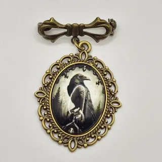 Photo of Gothic Crow Portrait Cabochon Pendant Brooch Victorian Style