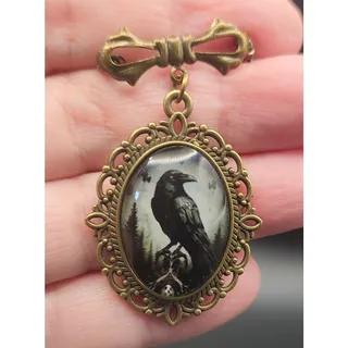 Photo of Gothic Crow Portrait Cabochon Pendant Brooch Victorian Style