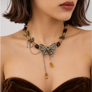 Photo of Boho Butterfly Tassel Bead Necklace Whimsey Goth Brown Tones
