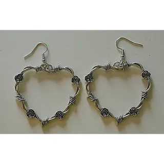 Photo of Romantic Goth Pierced Earrings Barbed Wire and Roses SIlver Hearts
