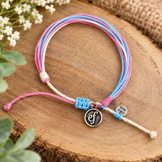Photo of Pink Blue & Cream Cord Bracelet Silver EF Charm Adjustable Boho Friendship